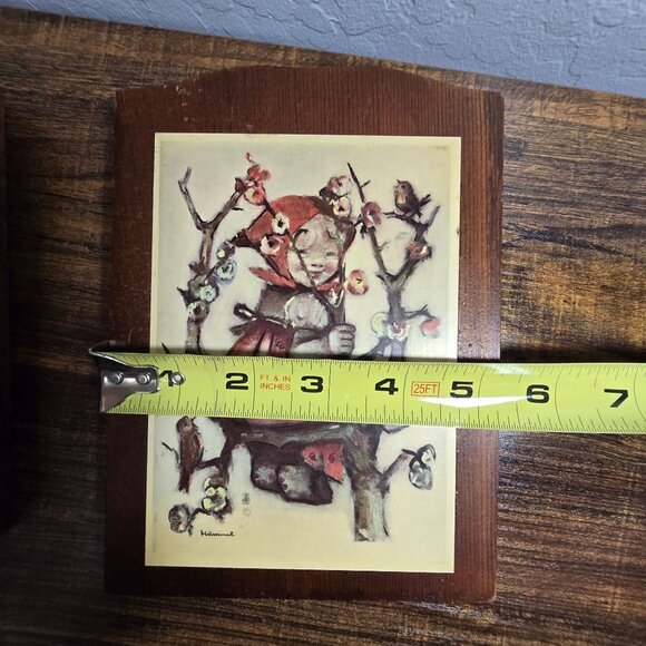 Vintage Set MCM Hummel Wall Plaques Boy & Girl On Trees Wooden Backing Rustic - Picture 8 of 12